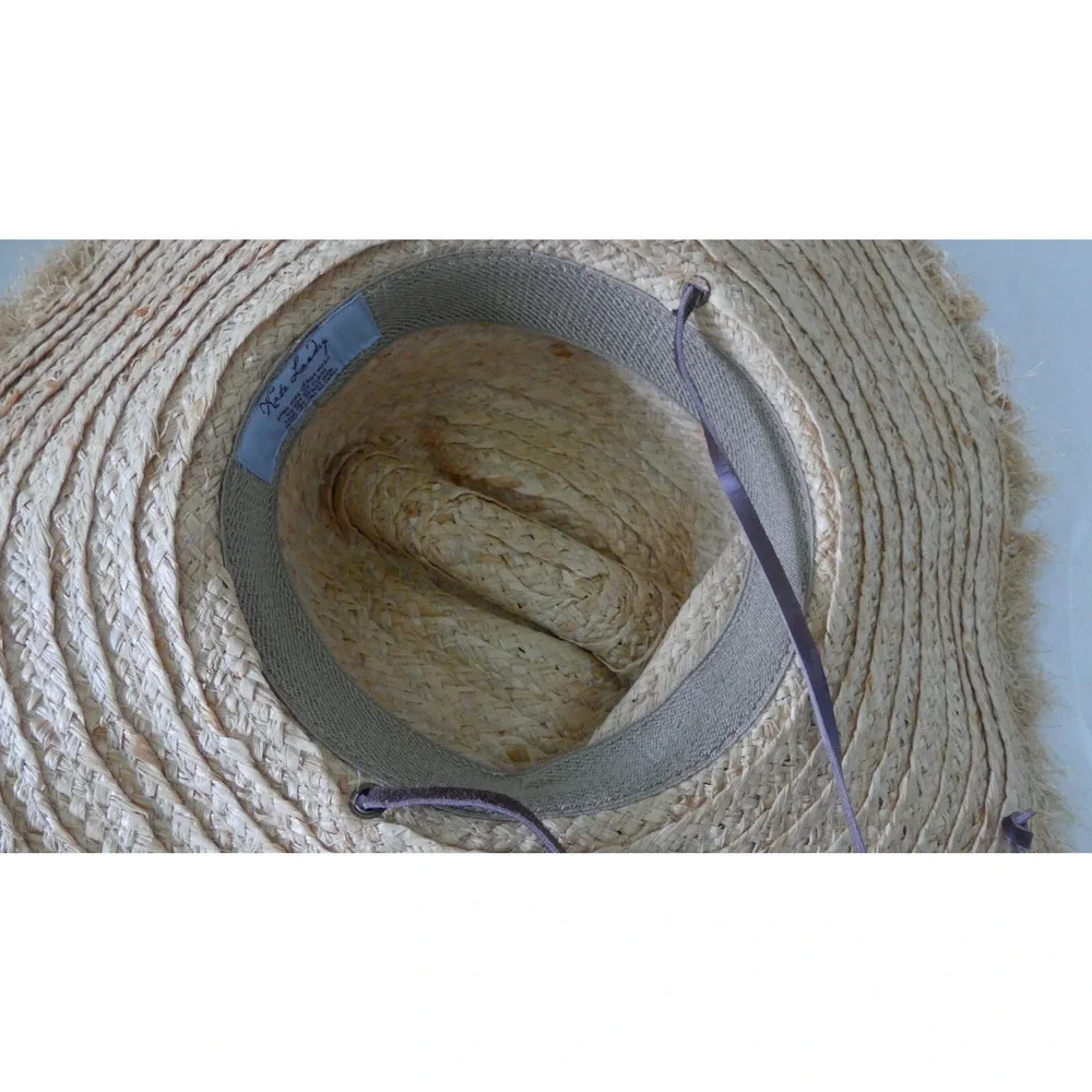 Kate Landry Wide Brim Straw‎ Hat Summer Hat Colorful Thread Leather Chin Strap